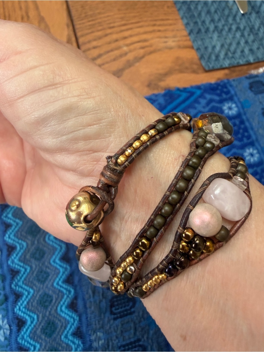 Handmade leather Wrap Bracelet with Rose Quartz and Gold Accents